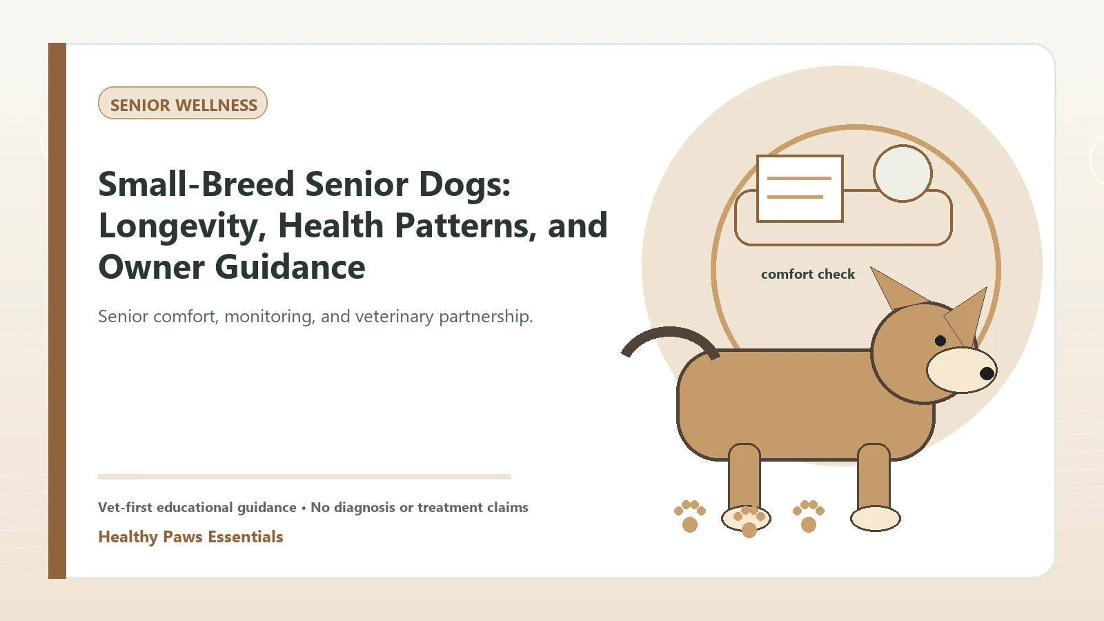 Custom Healthy Paws Essentials illustration for Small-Breed Senior Dogs: Longevity, Health Patterns, and Owner Guidance, showing a dog and a vet-first care planning concept.