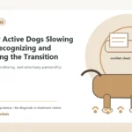 Custom Healthy Paws Essentials illustration for Formerly Active Dogs Slowing Down: Recognizing and Supporting the Transition, showing a dog and a vet-first care planning concept.