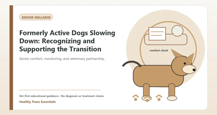 Custom Healthy Paws Essentials illustration for Formerly Active Dogs Slowing Down: Recognizing and Supporting the Transition, showing a dog and a vet-first care planning concept.