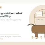 Custom Healthy Paws Essentials illustration for Senior Dog Nutrition: What Changes and Why, showing a dog and a vet-first care planning concept.