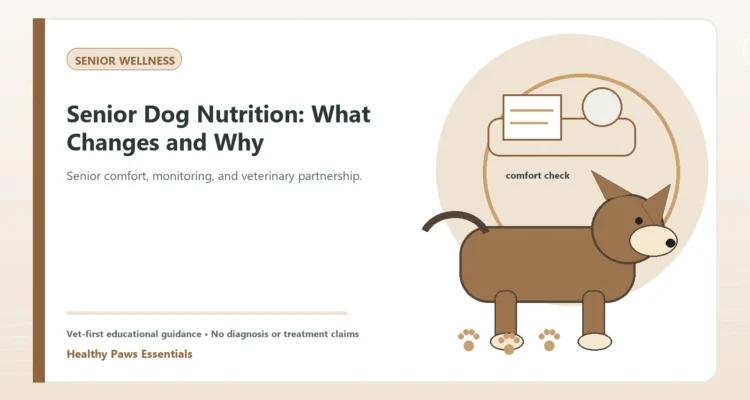 Custom Healthy Paws Essentials illustration for Senior Dog Nutrition: What Changes and Why, showing a dog and a vet-first care planning concept.