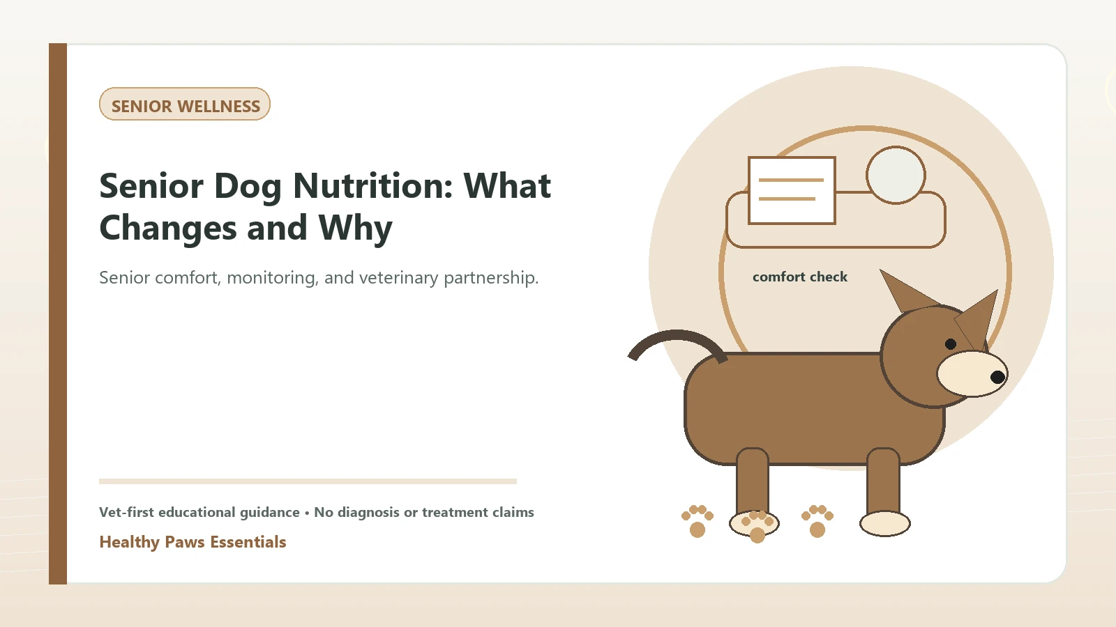 Custom Healthy Paws Essentials illustration for Senior Dog Nutrition: What Changes and Why, showing a dog and a vet-first care planning concept.