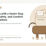 Custom Healthy Paws Essentials illustration for Traveling with a Senior Dog: Health, Safety, and Comfort Considerations, showing a dog and a vet-first care planning concept.