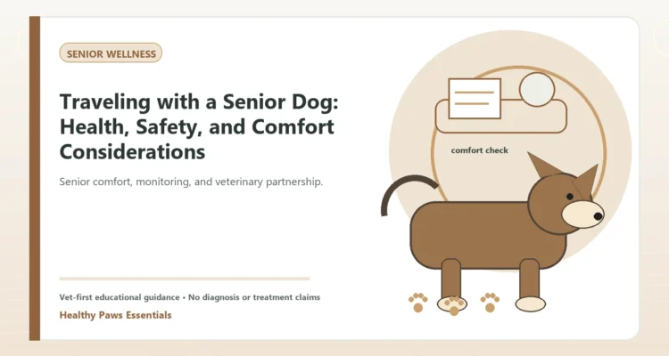 Custom Healthy Paws Essentials illustration for Traveling with a Senior Dog: Health, Safety, and Comfort Considerations, showing a dog and a vet-first care planning concept.