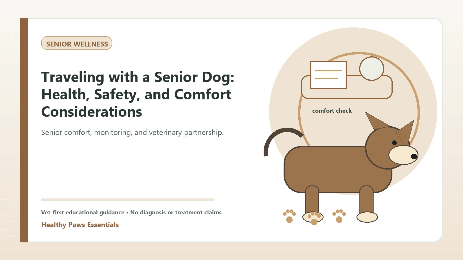 Custom Healthy Paws Essentials illustration for Traveling with a Senior Dog: Health, Safety, and Comfort Considerations, showing a dog and a vet-first care planning concept.