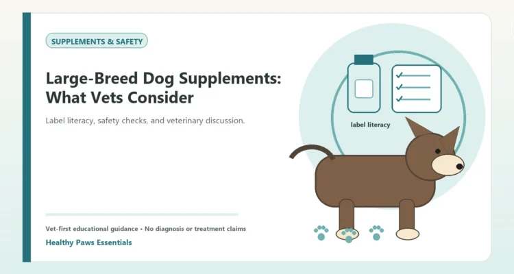 Custom Healthy Paws Essentials illustration for Large-Breed Dog Supplements: What Vets Consider, showing a dog and a vet-first care planning concept.