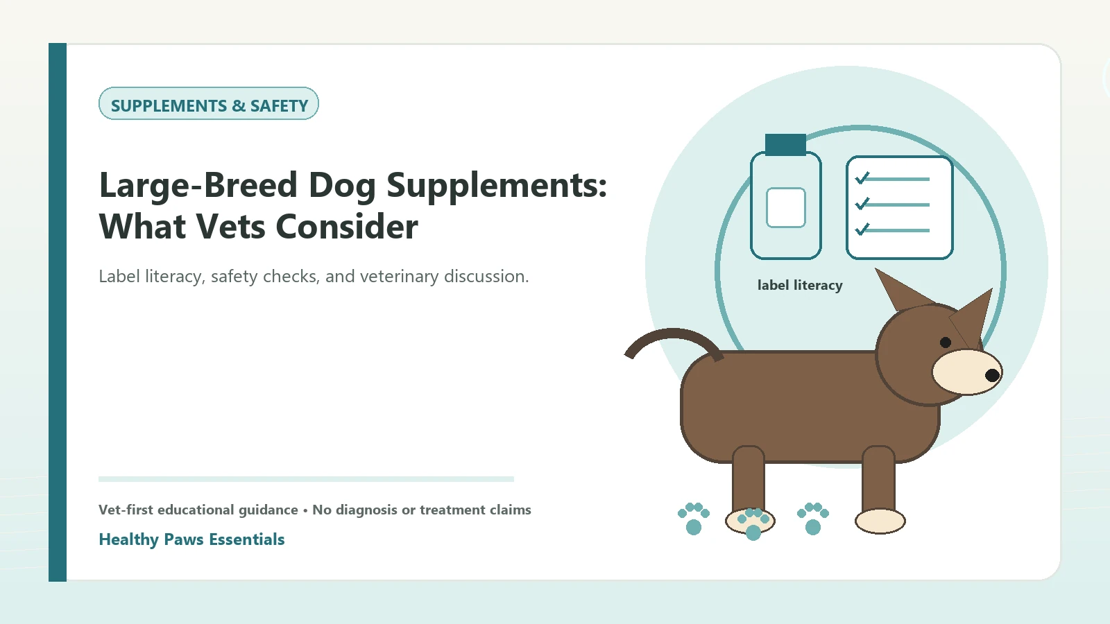 Custom Healthy Paws Essentials illustration for Large-Breed Dog Supplements: What Vets Consider, showing a dog and a vet-first care planning concept.