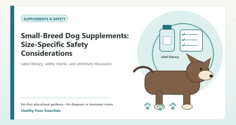 Custom Healthy Paws Essentials illustration for Small-Breed Dog Supplements: Size-Specific Safety Considerations, showing a dog and a vet-first care planning concept.
