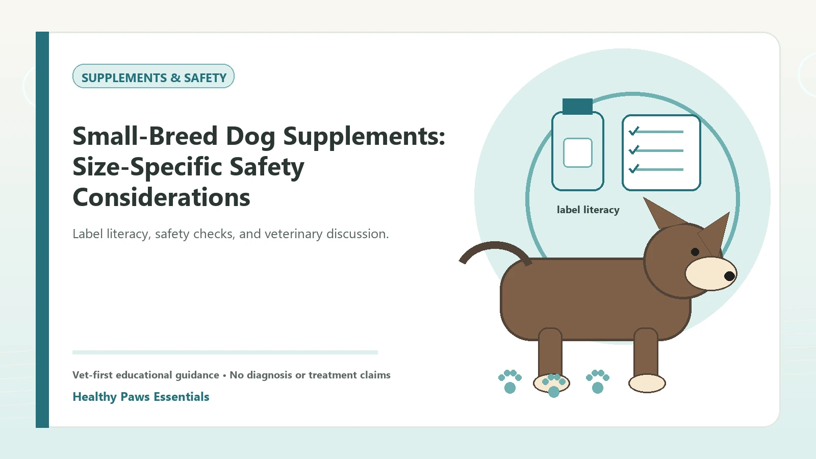 Custom Healthy Paws Essentials illustration for Small-Breed Dog Supplements: Size-Specific Safety Considerations, showing a dog and a vet-first care planning concept.