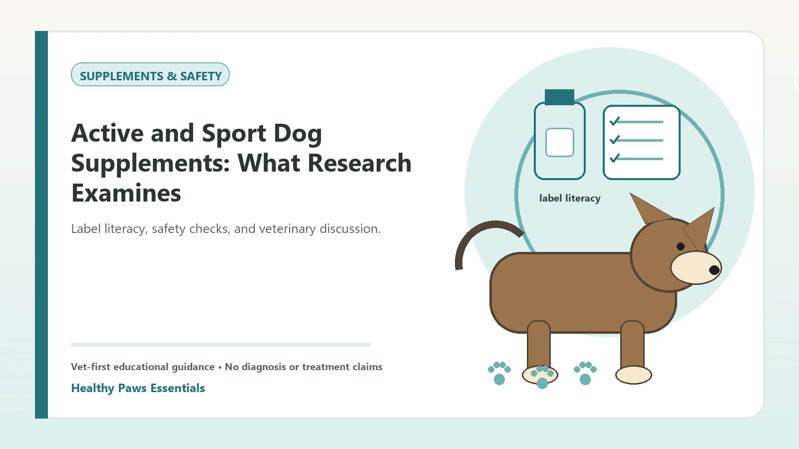 Custom Healthy Paws Essentials illustration for Active and Sport Dog Supplements: What Research Examines, showing a dog and a vet-first care planning concept.