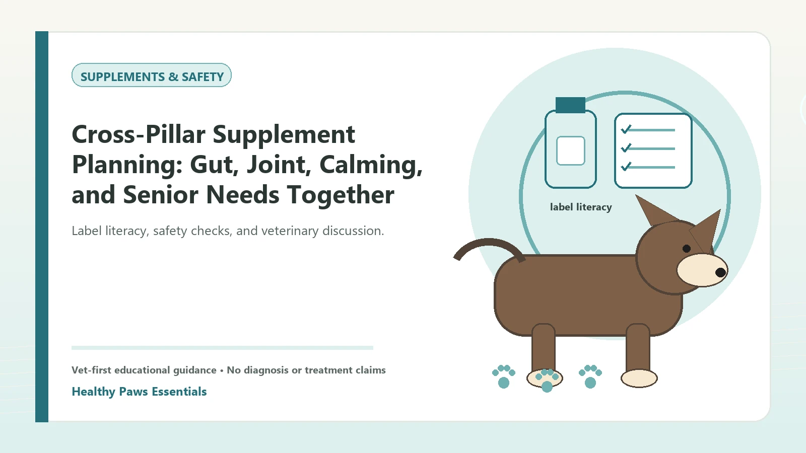 Custom Healthy Paws Essentials illustration for Cross-Pillar Supplement Planning: Gut, Joint, Calming, and Senior Needs Together, showing a dog and a vet-first care planning concep