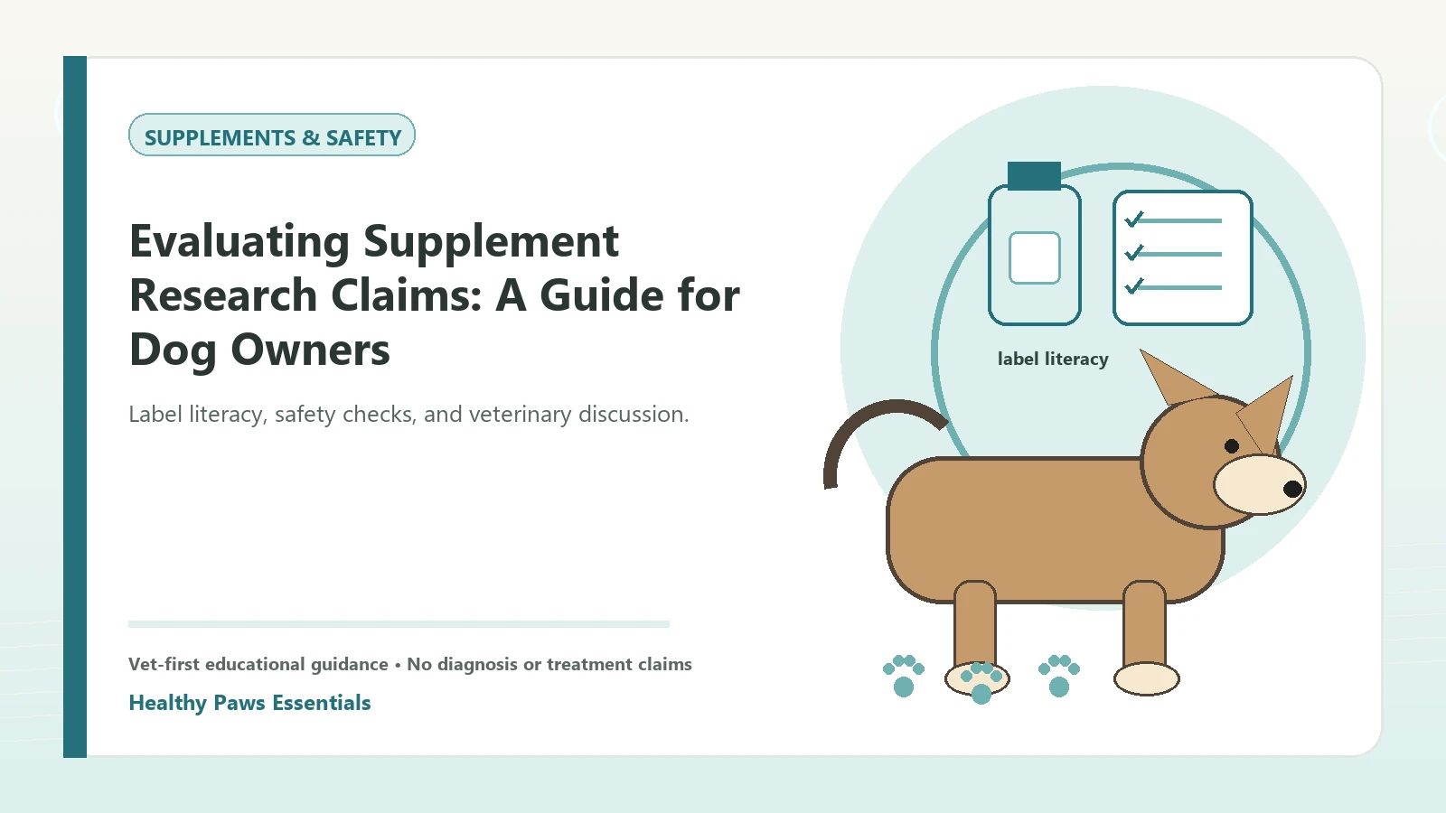 Custom Healthy Paws Essentials illustration for Evaluating Supplement Research Claims: A Guide for Dog Owners, showing a dog and a vet-first care planning concept.