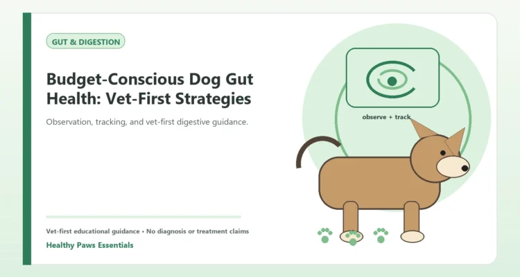 Custom Healthy Paws Essentials illustration for Budget-Conscious Dog Gut Health: Vet-First Strategies, showing a dog and a vet-first care planning concept.