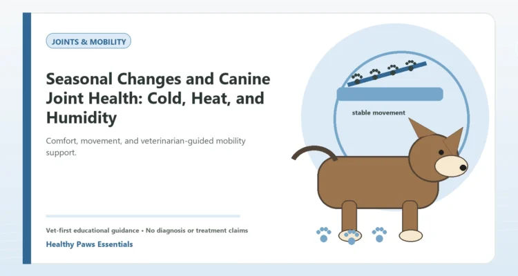 Custom Healthy Paws Essentials illustration for Seasonal Changes and Canine Joint Health: Cold, Heat, and Humidity, showing a dog and a vet-first care planning concept.