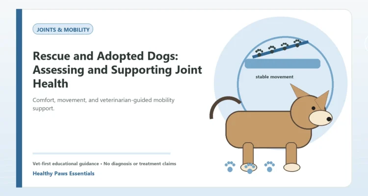 Custom Healthy Paws Essentials illustration for Rescue and Adopted Dogs: Assessing and Supporting Joint Health, showing a dog and a vet-first care planning concept.