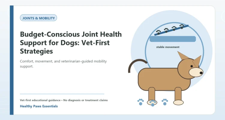 Custom Healthy Paws Essentials illustration for Budget-Conscious Joint Health Support for Dogs: Vet-First Strategies, showing a dog and a vet-first care planning concept.