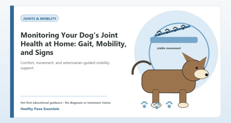 Custom Healthy Paws Essentials illustration for Monitoring Your Dog's Joint Health at Home: Gait, Mobility, and Signs, showing a dog and a vet-first care planning concept.