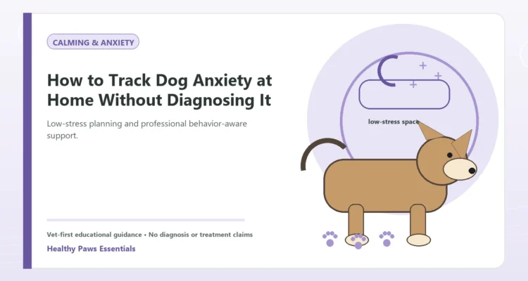 Custom Healthy Paws Essentials illustration for How to Track Dog Anxiety at Home Without Diagnosing It, showing a dog and a vet-first care planning concept.