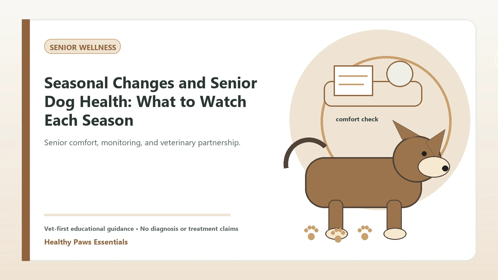 Custom Healthy Paws Essentials illustration for Seasonal Changes and Senior Dog Health: What to Watch Each Season, showing a dog and a vet-first care planning concept.