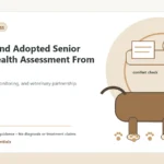Custom Healthy Paws Essentials illustration for Rescue and Adopted Senior Dogs: Health Assessment From Day One, showing a dog and a vet-first care planning concept.