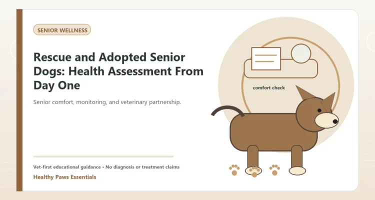Custom Healthy Paws Essentials illustration for Rescue and Adopted Senior Dogs: Health Assessment From Day One, showing a dog and a vet-first care planning concept.