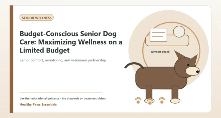 Custom Healthy Paws Essentials illustration for Budget-Conscious Senior Dog Care: Maximizing Wellness on a Limited Budget, showing a dog and a vet-first care planning concept.