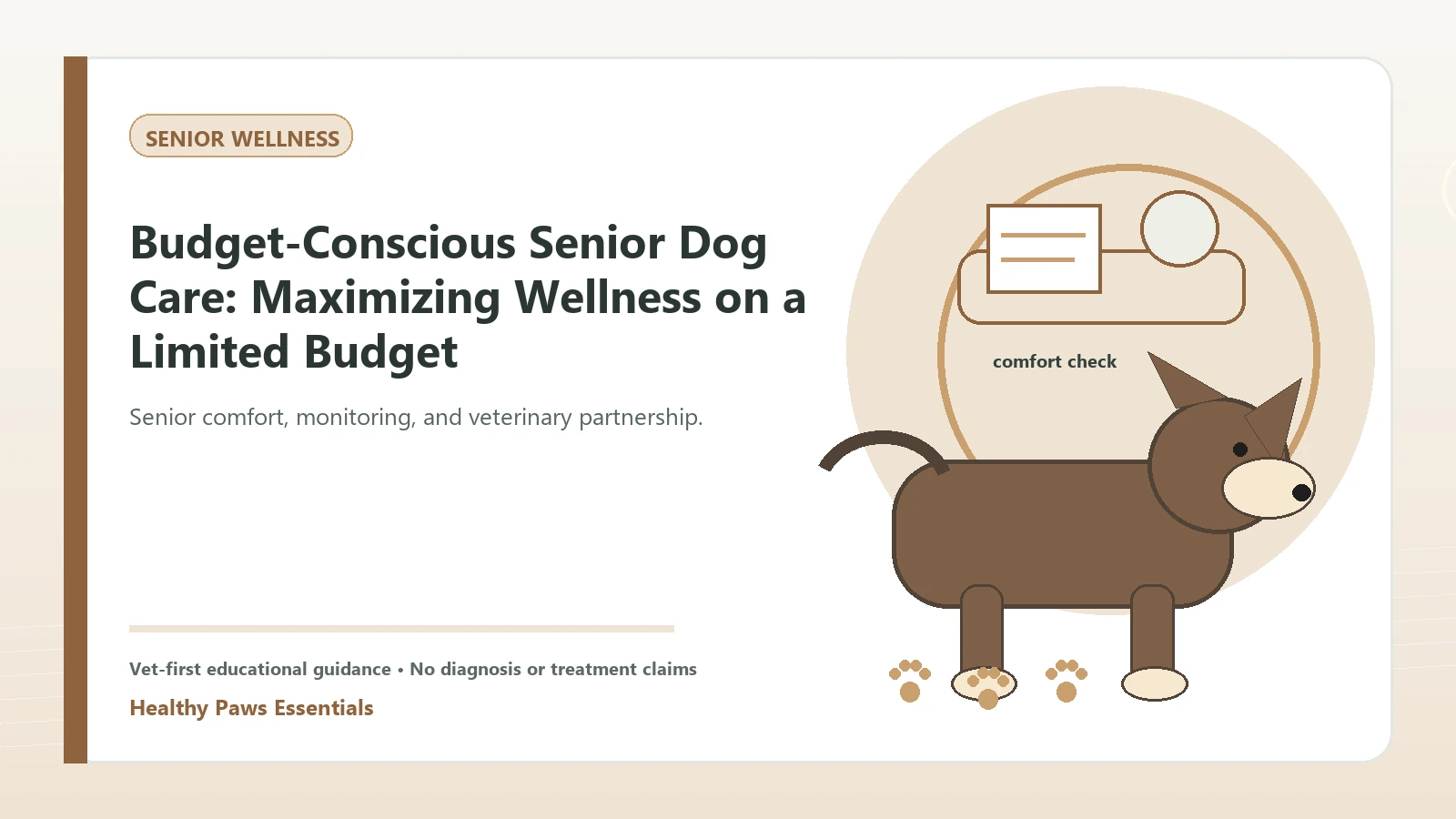 Custom Healthy Paws Essentials illustration for Budget-Conscious Senior Dog Care: Maximizing Wellness on a Limited Budget, showing a dog and a vet-first care planning concept.