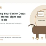 Custom Healthy Paws Essentials illustration for Monitoring Your Senior Dog's Health at Home: Signs and Tracking Tools, showing a dog and a vet-first care planning concept.