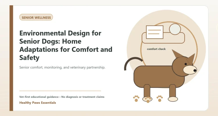 Custom Healthy Paws Essentials illustration for Environmental Design for Senior Dogs: Home Adaptations for Comfort and Safety, showing a dog and a vet-first care planning concept.