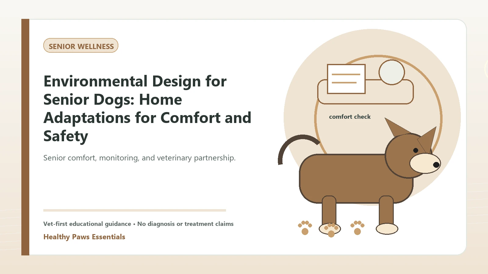 Custom Healthy Paws Essentials illustration for Environmental Design for Senior Dogs: Home Adaptations for Comfort and Safety, showing a dog and a vet-first care planning concept.