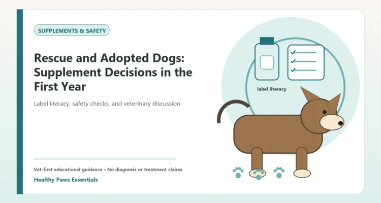 Custom Healthy Paws Essentials illustration for Rescue and Adopted Dogs: Supplement Decisions in the First Year, showing a dog and a vet-first care planning concept.