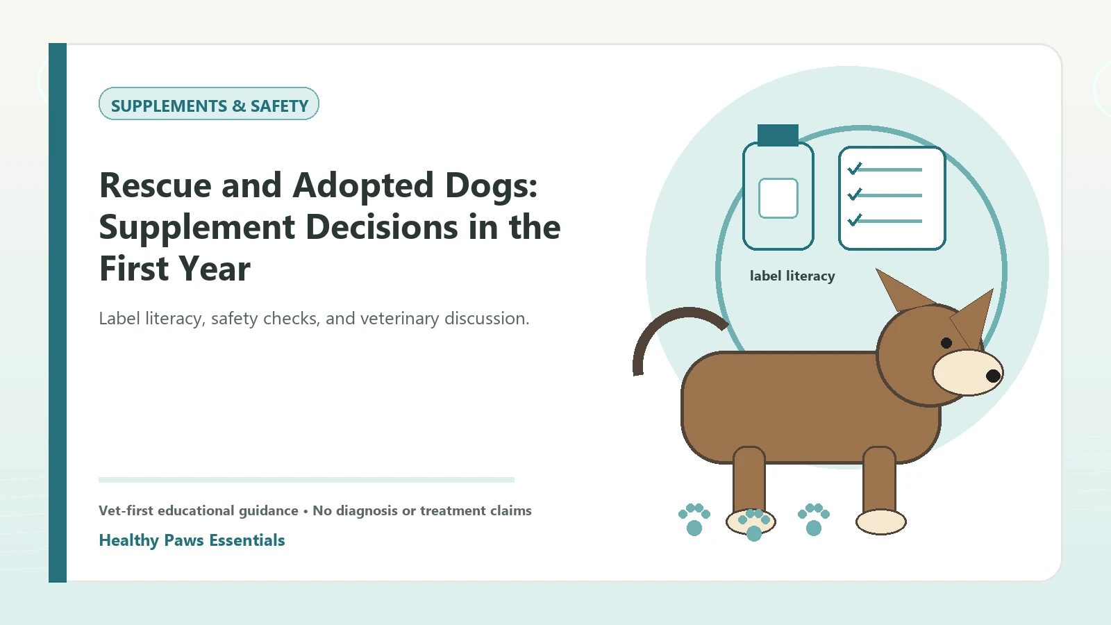 Custom Healthy Paws Essentials illustration for Rescue and Adopted Dogs: Supplement Decisions in the First Year, showing a dog and a vet-first care planning concept.