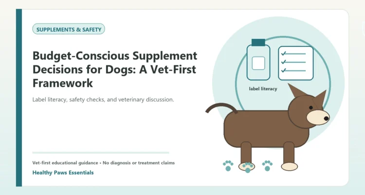 Custom Healthy Paws Essentials illustration for Budget-Conscious Supplement Decisions for Dogs: A Vet-First Framework, showing a dog and a vet-first care planning concept.