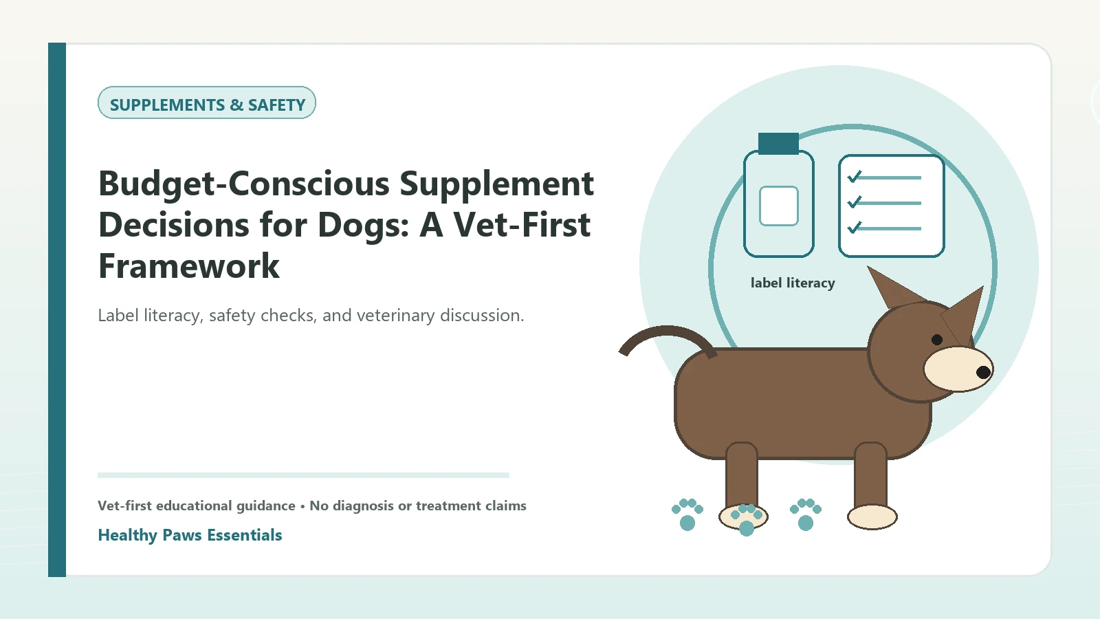 Custom Healthy Paws Essentials illustration for Budget-Conscious Supplement Decisions for Dogs: A Vet-First Framework, showing a dog and a vet-first care planning concept.