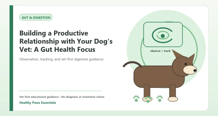 Custom Healthy Paws Essentials illustration for Building a Productive Relationship with Your Dog's Vet: A Gut Health Focus, showing a dog and a vet-first care planning concept.