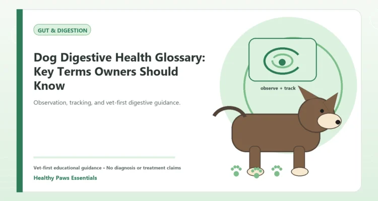 Custom Healthy Paws Essentials illustration for Dog Digestive Health Glossary: Key Terms Owners Should Know, showing a dog and a vet-first care planning concept.