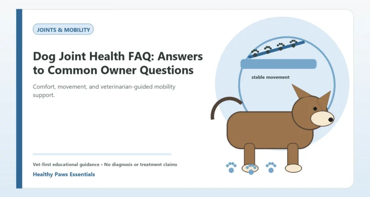 Custom Healthy Paws Essentials illustration for Dog Joint Health FAQ: Answers to Common Owner Questions, showing a dog and a vet-first care planning concept.