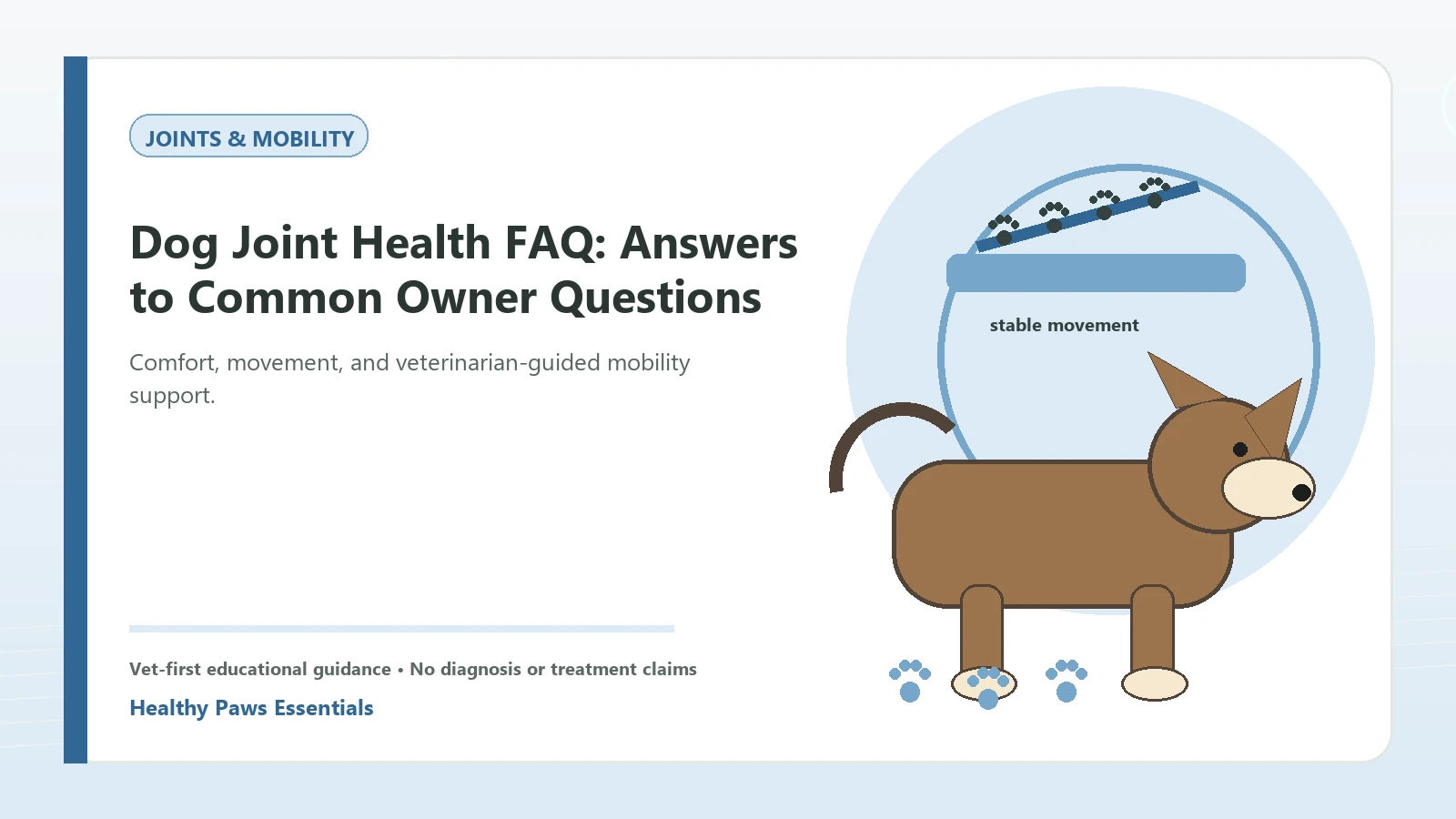 Custom Healthy Paws Essentials illustration for Dog Joint Health FAQ: Answers to Common Owner Questions, showing a dog and a vet-first care planning concept.