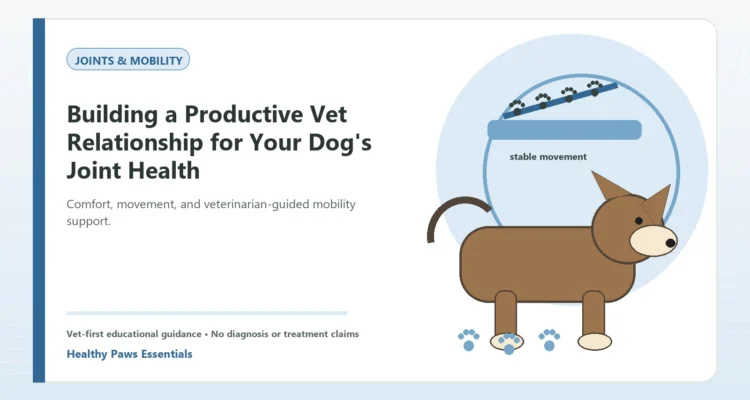 Custom Healthy Paws Essentials illustration for Building a Productive Vet Relationship for Your Dog's Joint Health, showing a dog and a vet-first care planning concept.
