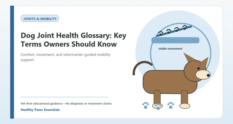 Custom Healthy Paws Essentials illustration for Dog Joint Health Glossary: Key Terms Owners Should Know, showing a dog and a vet-first care planning concept.