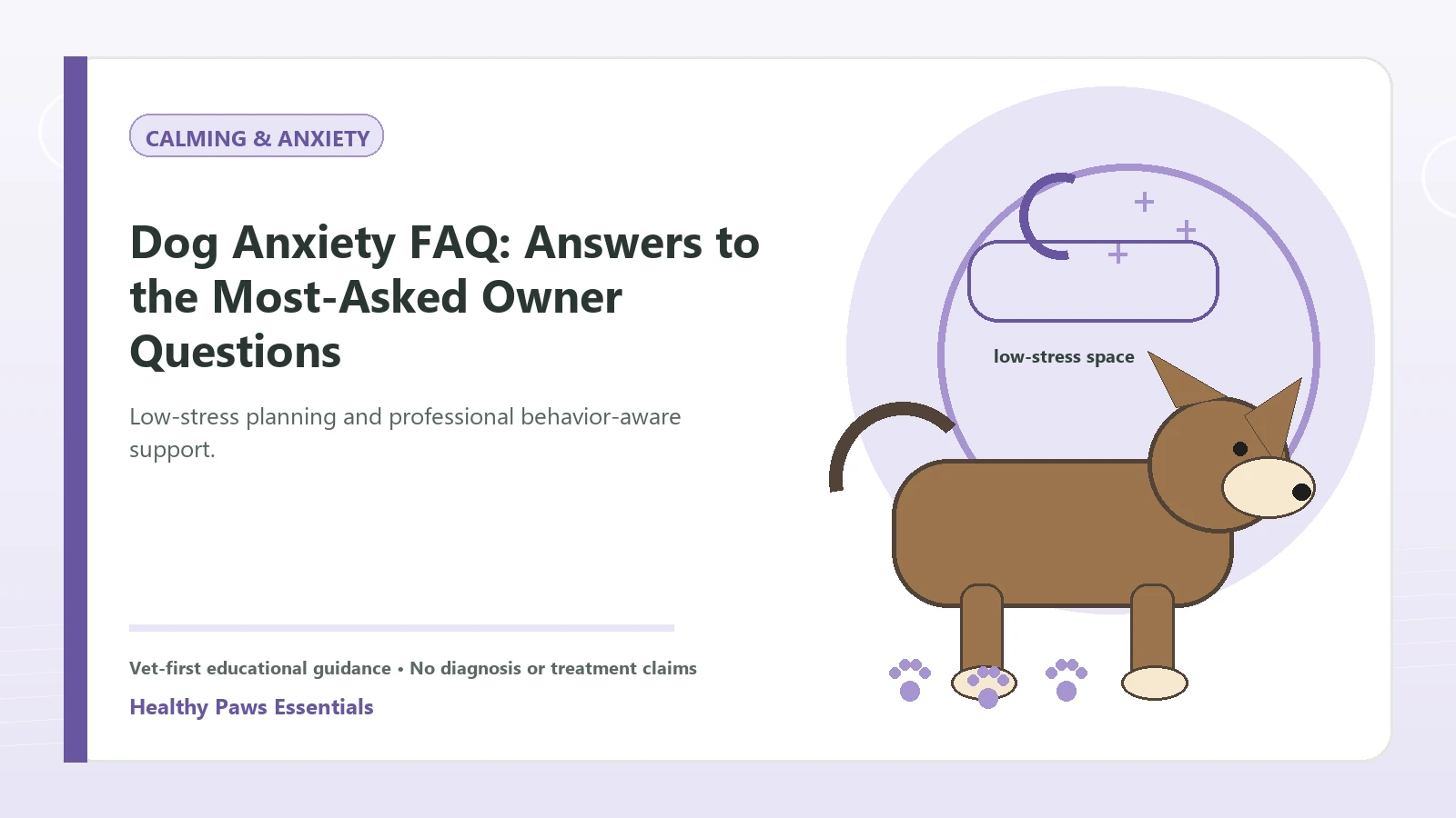 Custom Healthy Paws Essentials illustration for Dog Anxiety FAQ: Answers to the Most-Asked Owner Questions, showing a dog and a vet-first care planning concept.