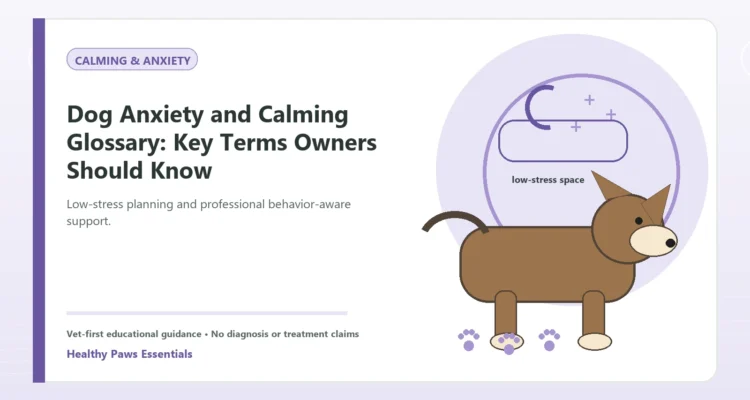 Custom Healthy Paws Essentials illustration for Dog Anxiety and Calming Glossary: Key Terms Owners Should Know, showing a dog and a vet-first care planning concept.