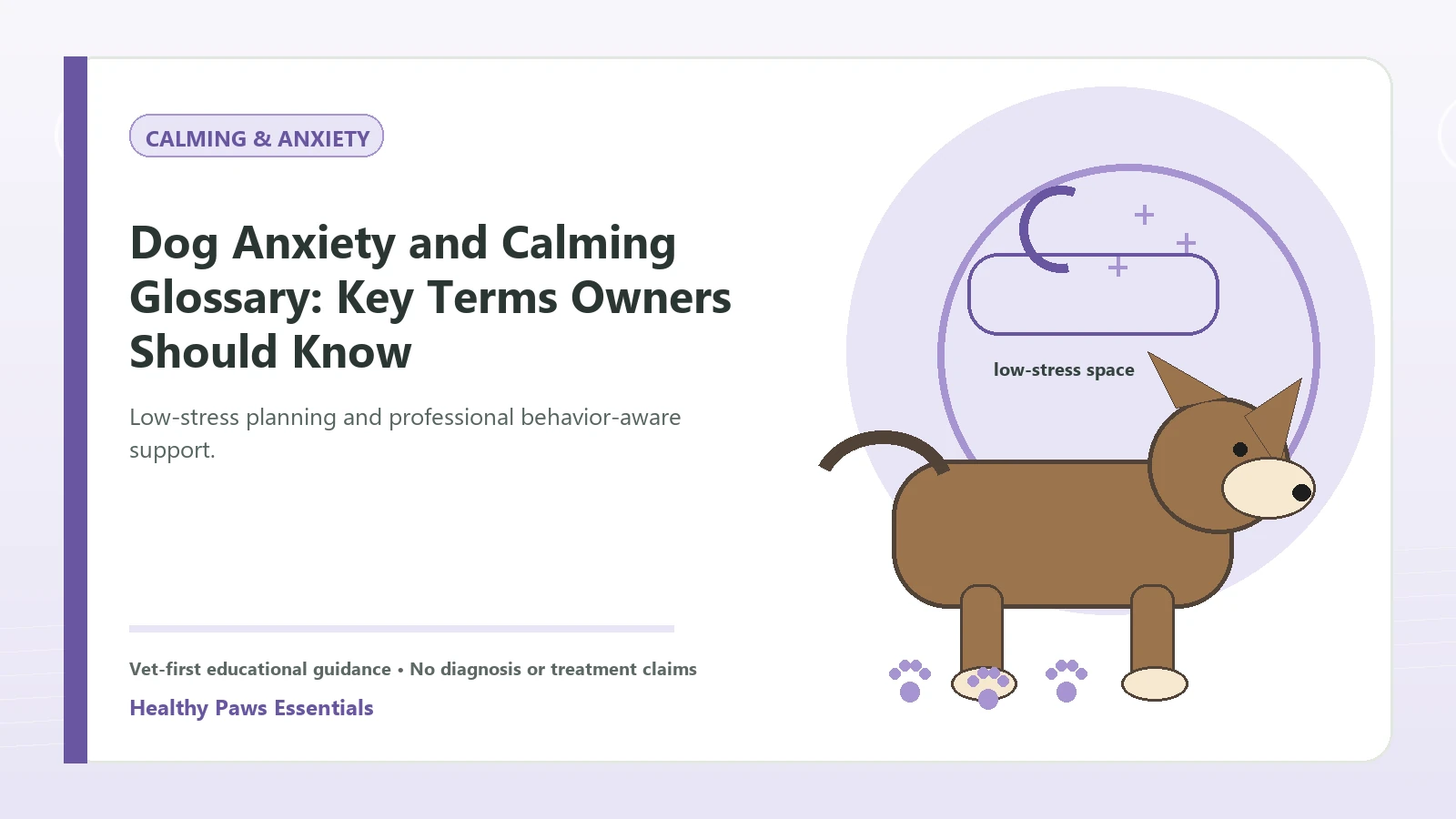 Custom Healthy Paws Essentials illustration for Dog Anxiety and Calming Glossary: Key Terms Owners Should Know, showing a dog and a vet-first care planning concept.