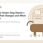 Custom Healthy Paws Essentials illustration for First-Time Senior Dog Owner's Guide: What Changes and What to Expect, showing a dog and a vet-first care planning concept.