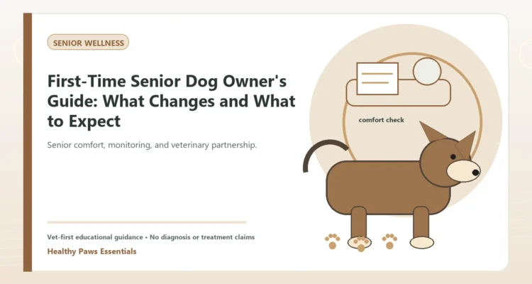 Custom Healthy Paws Essentials illustration for First-Time Senior Dog Owner's Guide: What Changes and What to Expect, showing a dog and a vet-first care planning concept.