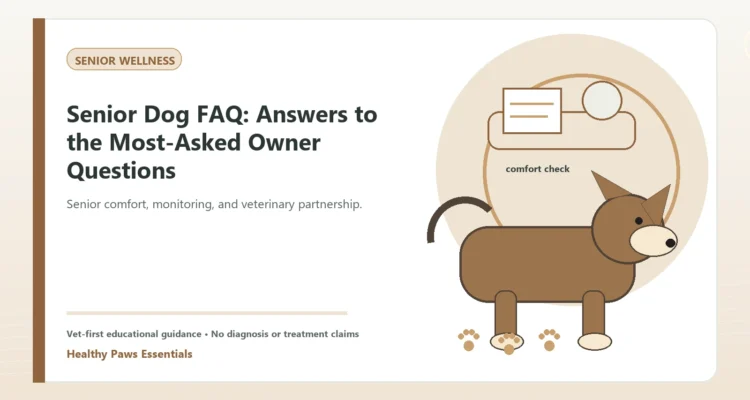 Custom Healthy Paws Essentials illustration for Senior Dog FAQ: Answers to the Most-Asked Owner Questions, showing a dog and a vet-first care planning concept.