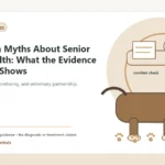 Custom Healthy Paws Essentials illustration for Common Myths About Senior Dog Health: What the Evidence Actually Shows, showing a dog and a vet-first care planning concept.