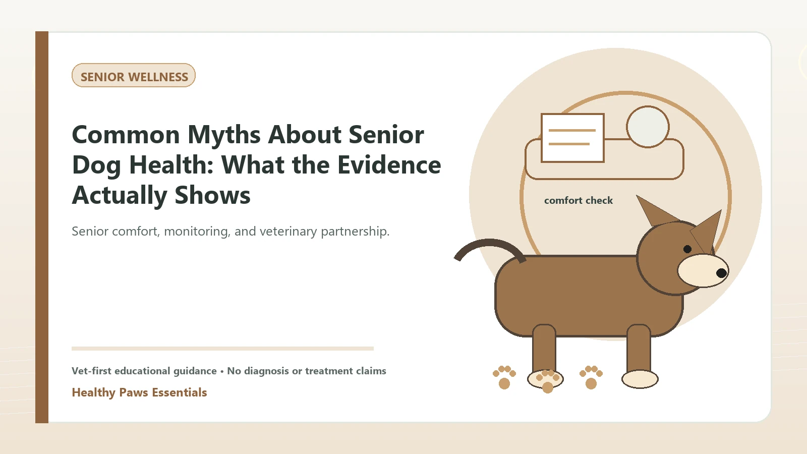 Custom Healthy Paws Essentials illustration for Common Myths About Senior Dog Health: What the Evidence Actually Shows, showing a dog and a vet-first care planning concept.