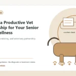 Custom Healthy Paws Essentials illustration for Building a Productive Vet Relationship for Your Senior Dog's Wellness, showing a dog and a vet-first care planning concept.