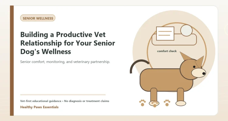 Custom Healthy Paws Essentials illustration for Building a Productive Vet Relationship for Your Senior Dog's Wellness, showing a dog and a vet-first care planning concept.